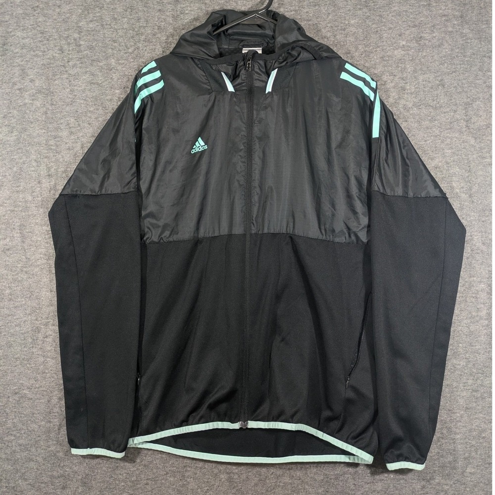 Adidas Black Mint Green Hooded Windbreaker Fleece Lined Jacket Size Medium